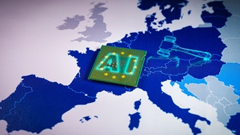 Mappa dell'Europa con scritta AI e simboli tribunale